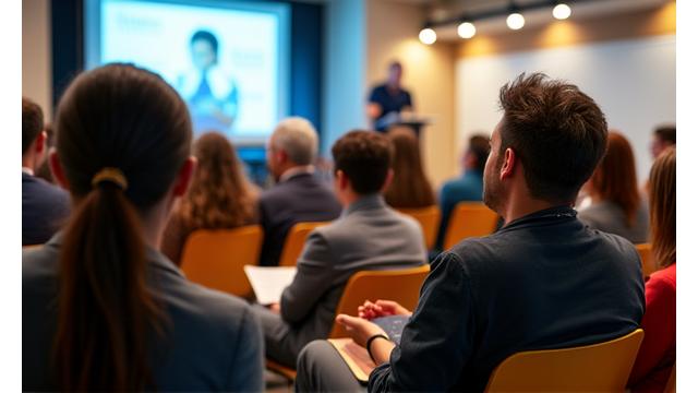 Diverse group of people attending a community health seminar, actively listening to a speaker, representing community engagement through marketing.