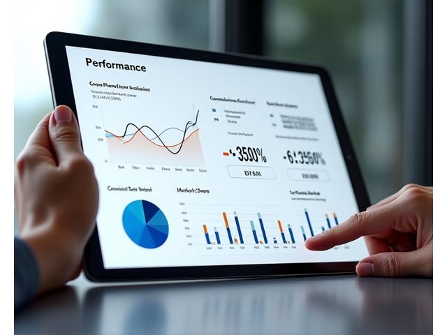 Interactive digital dashboard showing various advertising performance metrics and charts.