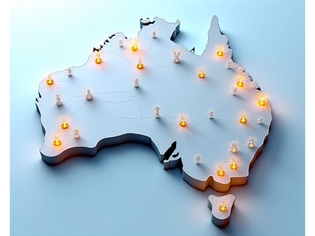 Interactive map of Australia highlighting key cities and various venue types like shopping malls, event centers, and transport hubs with glowing markers indicating strategic display advertising placements.
