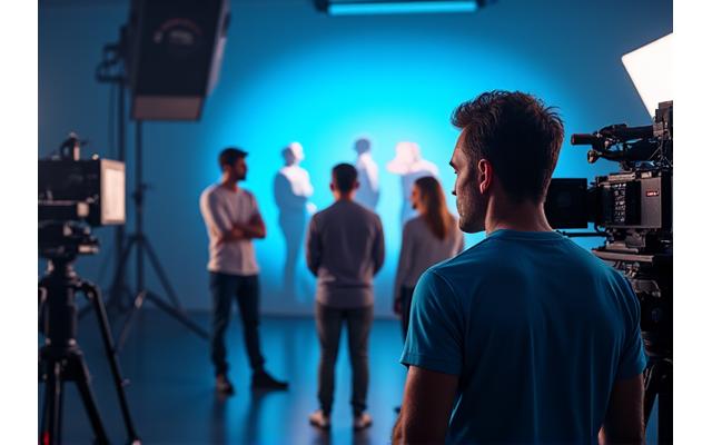 A behind-the-scenes view of a modern TV commercial set, with a director, camera crew, and actors, highlighting the collaborative and professional production environment.